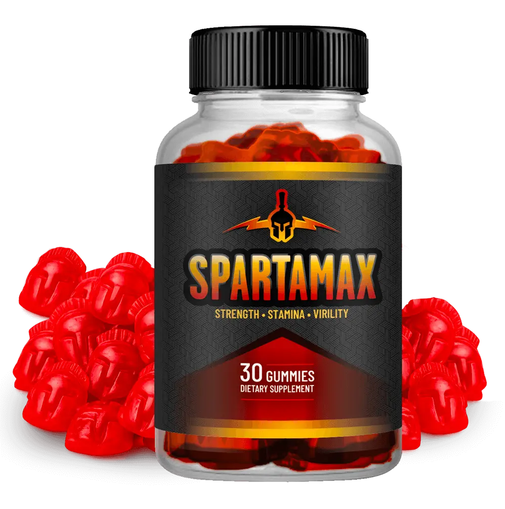 Spartamax red gummies with bottle showing 30-day supply